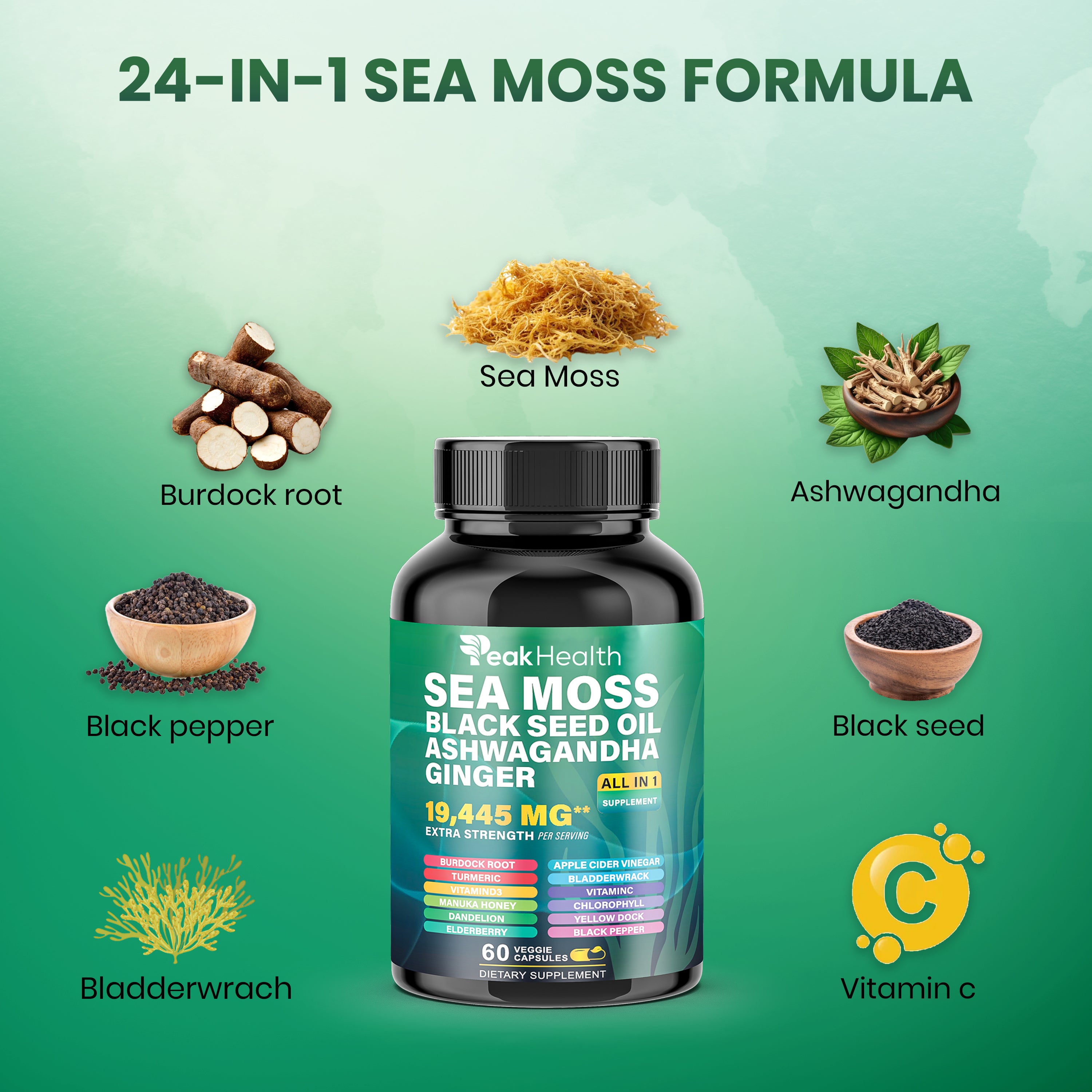Ultimate Wellness Power Pack - 3-Month Supply of High-Potency Supplements for Energy, Immunity, and Recovery - Boost Your Health with Sea Moss 7000mg, Black Seed Oil 4000mg, Ashwagandha 2000mg, Ginger & Rhodiola 1000mg, and Panax Ginseng 1500mg