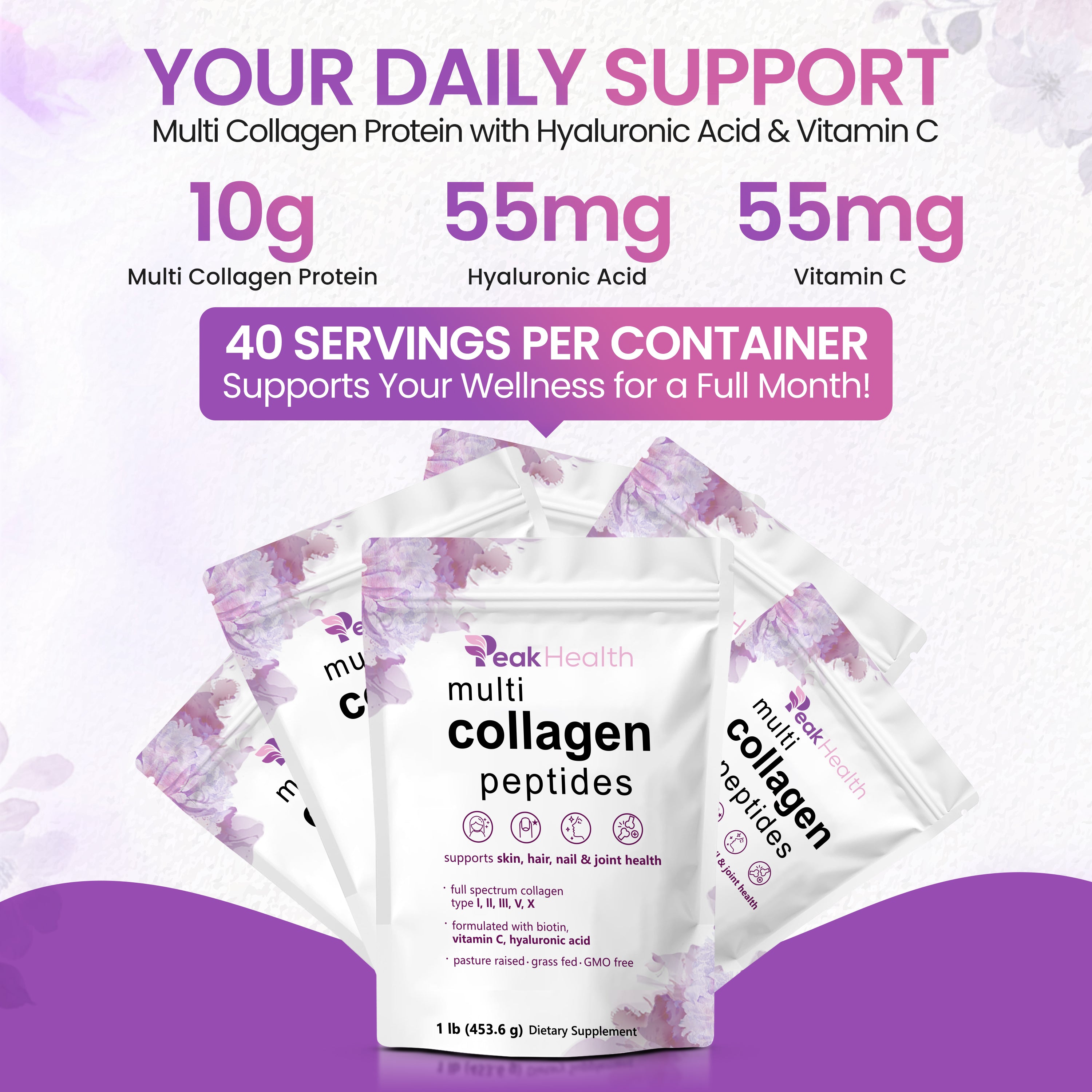Multi Collagen Protein Powder, 2 Pounds – Type I,II,III,V,X with Biotin, Hyaluronic Acid, Vitamin C – Unflavored Collagen Peptides – Keto & Paleo Friendly, Easy Dissolve, Non-GMO