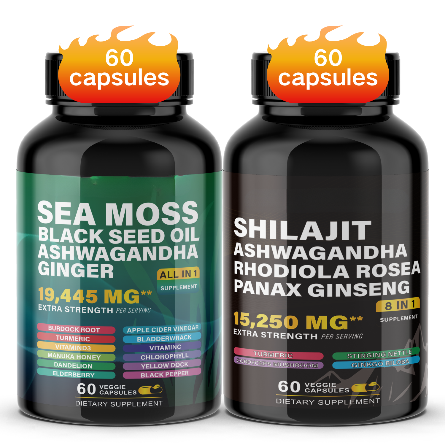 Ultimate Wellness Power Pack - 3-Month Supply of High-Potency Supplements for Energy, Immunity, and Recovery - Boost Your Health with Sea Moss 7000mg, Black Seed Oil 4000mg, Ashwagandha 2000mg, Ginger & Rhodiola 1000mg, and Panax Ginseng 1500mg