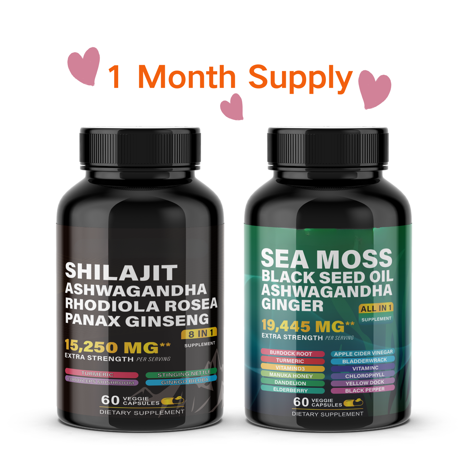 Ultimate Wellness Power Pack - 3-Month Supply of High-Potency Supplements for Energy, Immunity, and Recovery - Boost Your Health with Sea Moss 7000mg, Black Seed Oil 4000mg, Ashwagandha 2000mg, Ginger & Rhodiola 1000mg, and Panax Ginseng 1500mg