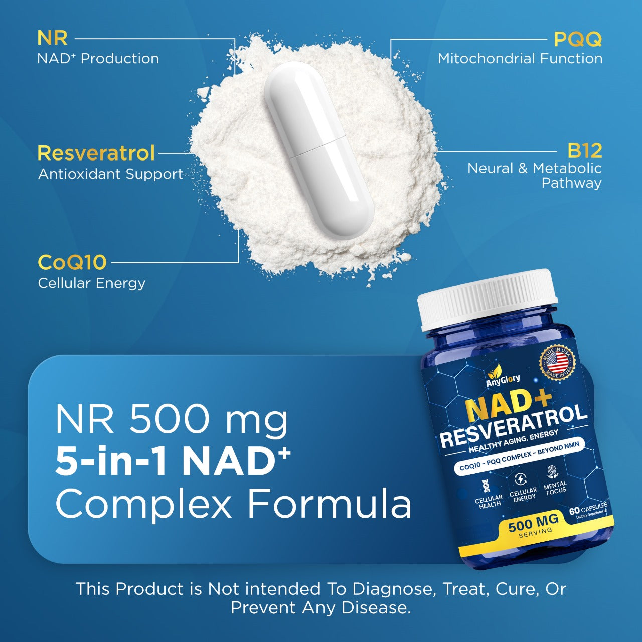 NAD+ Supplement with 500mg NR, Resveratrol, CoQ10, PQQ- 5-in-1 NAD Formula |NMN Supplement Alternative|NAD Resveratrol Support Cellular Energy & Healthy Aging-Made in USA-60 Capsules