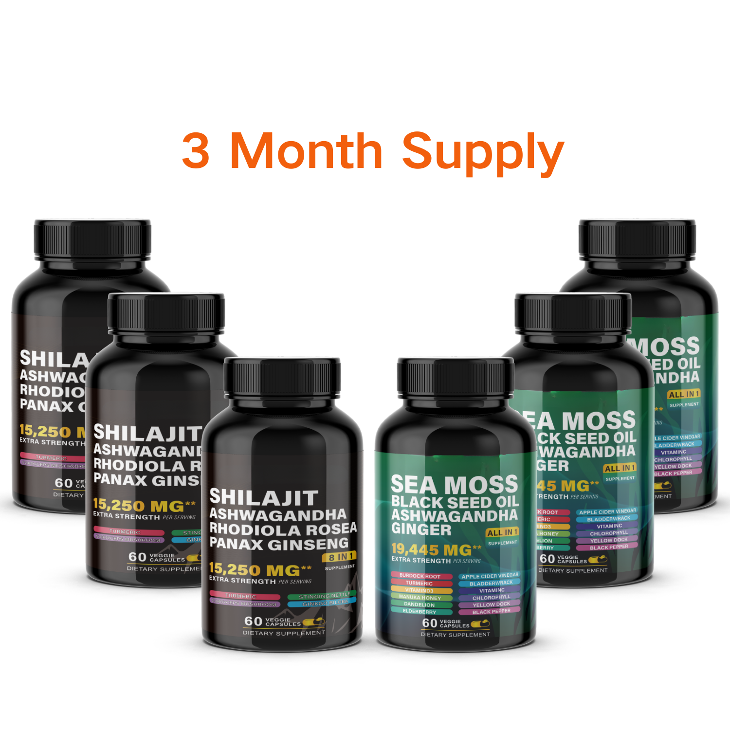 Ultimate Wellness Power Pack - 3-Month Supply of High-Potency Supplements for Energy, Immunity, and Recovery - Boost Your Health with Sea Moss 7000mg, Black Seed Oil 4000mg, Ashwagandha 2000mg, Ginger & Rhodiola 1000mg, and Panax Ginseng 1500mg