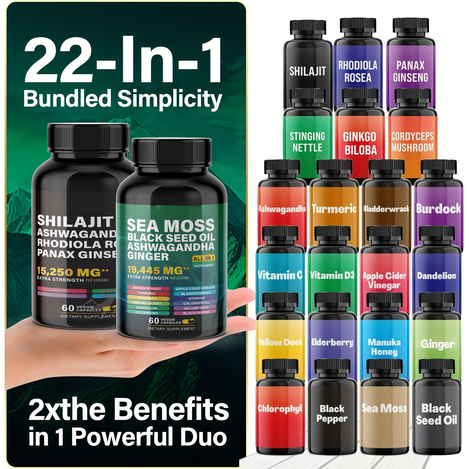 Ultimate Wellness Power Pack - 3-Month Supply of High-Potency Supplements for Energy, Immunity, and Recovery - Boost Your Health with Sea Moss 7000mg, Black Seed Oil 4000mg, Ashwagandha 2000mg, Ginger & Rhodiola 1000mg, and Panax Ginseng 1500mg