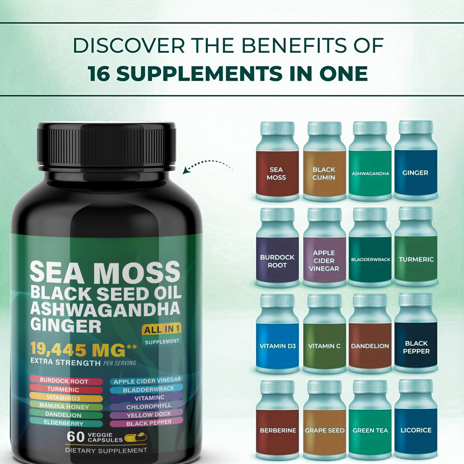 Ultimate Wellness Power Pack - 3-Month Supply of High-Potency Supplements for Energy, Immunity, and Recovery - Boost Your Health with Sea Moss 7000mg, Black Seed Oil 4000mg, Ashwagandha 2000mg, Ginger & Rhodiola 1000mg, and Panax Ginseng 1500mg