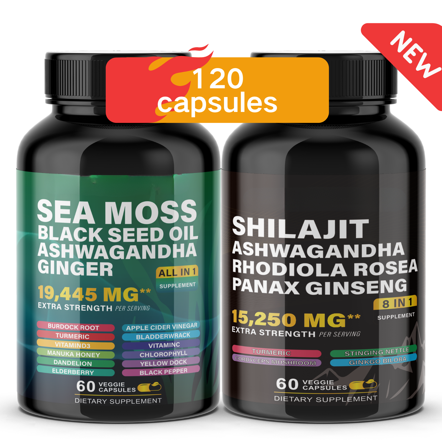 Ultimate Wellness Power Pack - 3-Month Supply of High-Potency Supplements for Energy, Immunity, and Recovery - Boost Your Health with Sea Moss 7000mg, Black Seed Oil 4000mg, Ashwagandha 2000mg, Ginger & Rhodiola 1000mg, and Panax Ginseng 1500mg
