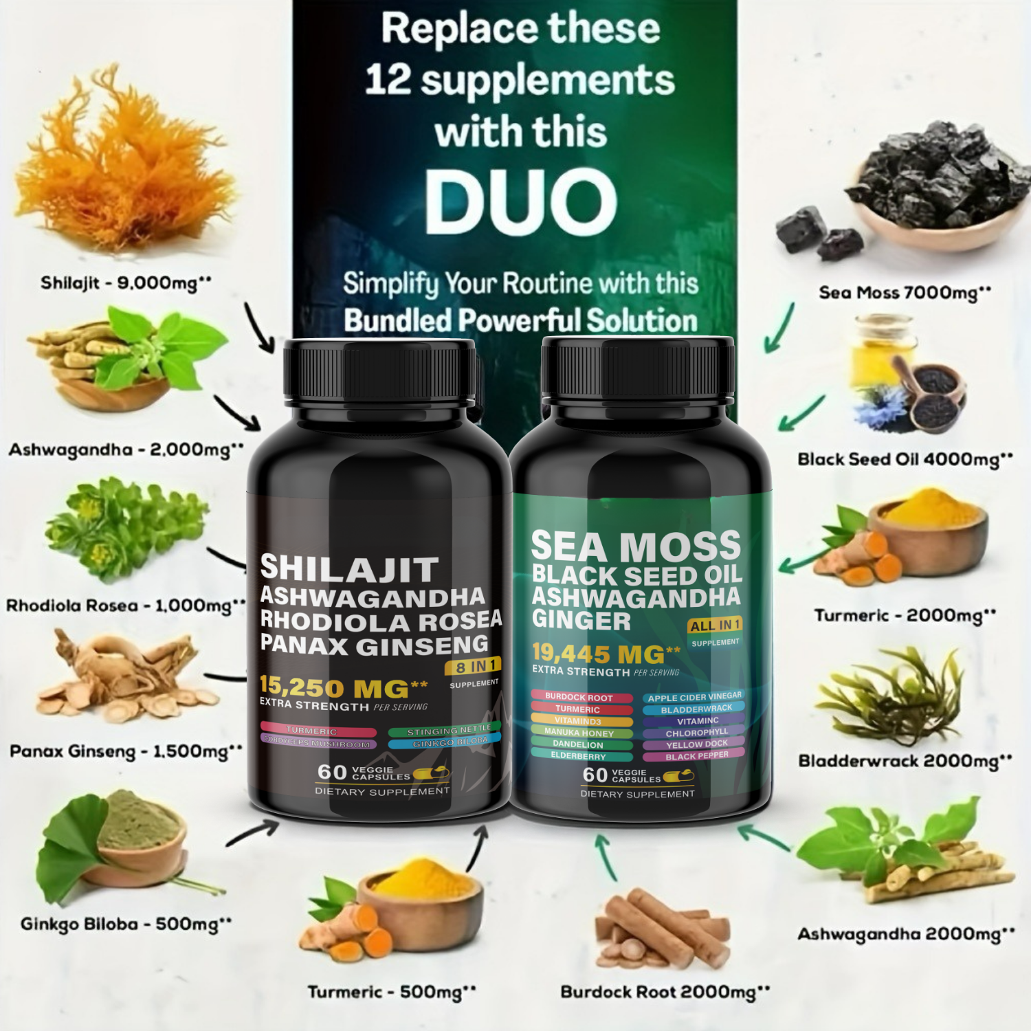 Ultimate Wellness Power Pack - 3-Month Supply of High-Potency Supplements for Energy, Immunity, and Recovery - Boost Your Health with Sea Moss 7000mg, Black Seed Oil 4000mg, Ashwagandha 2000mg, Ginger & Rhodiola 1000mg, and Panax Ginseng 1500mg