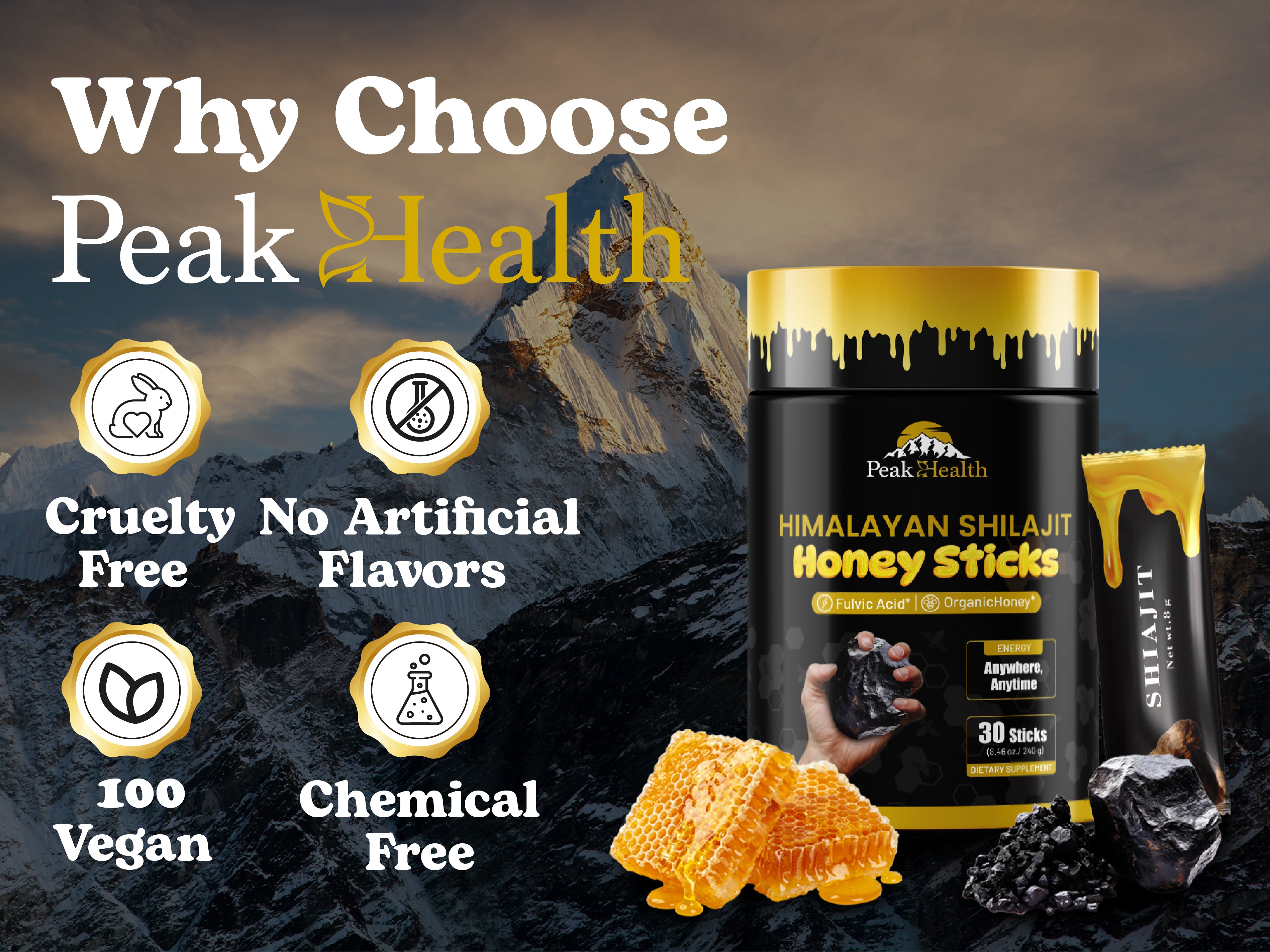 PeakHealth Himalayan Shilajit Honey Sticks – Natural Energy & Vitality Boost