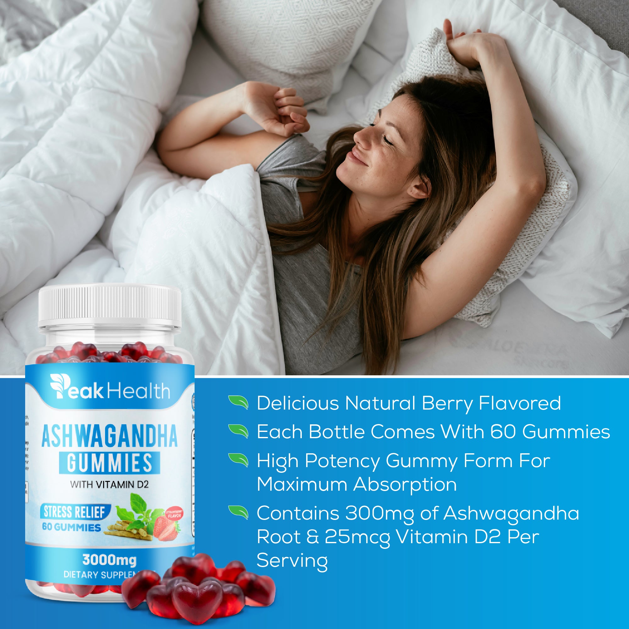 PeakHealth Ashwagandha Gummies – Stress Relief with Vitamin D2