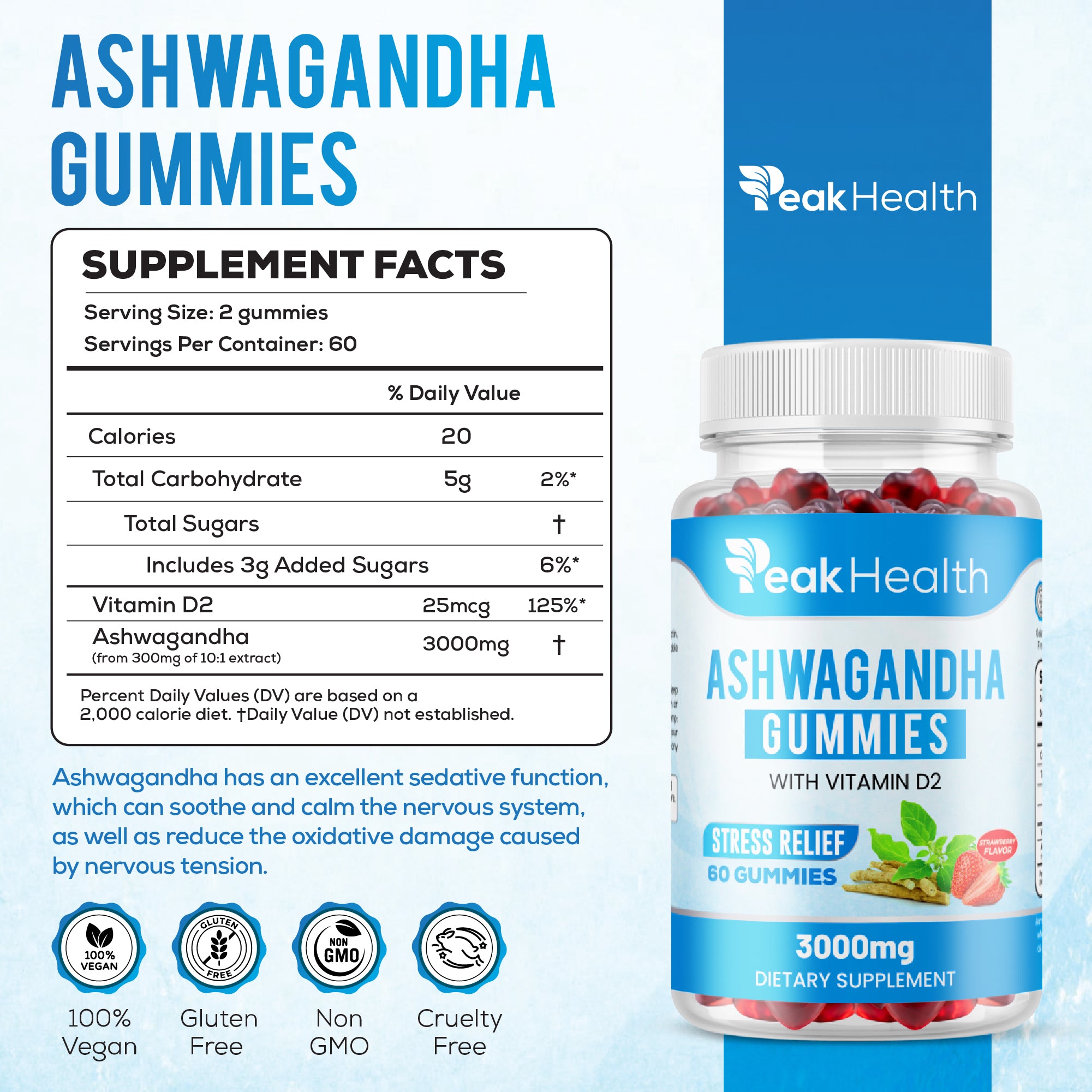 PeakHealth Ashwagandha Gummies – Stress Relief with Vitamin D2