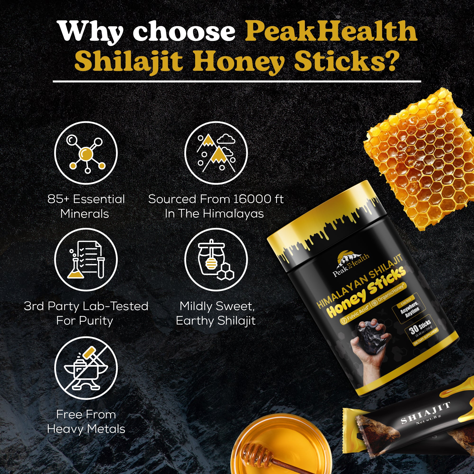 PeakHealth Himalayan Shilajit Honey Sticks – Natural Energy & Vitality Boost