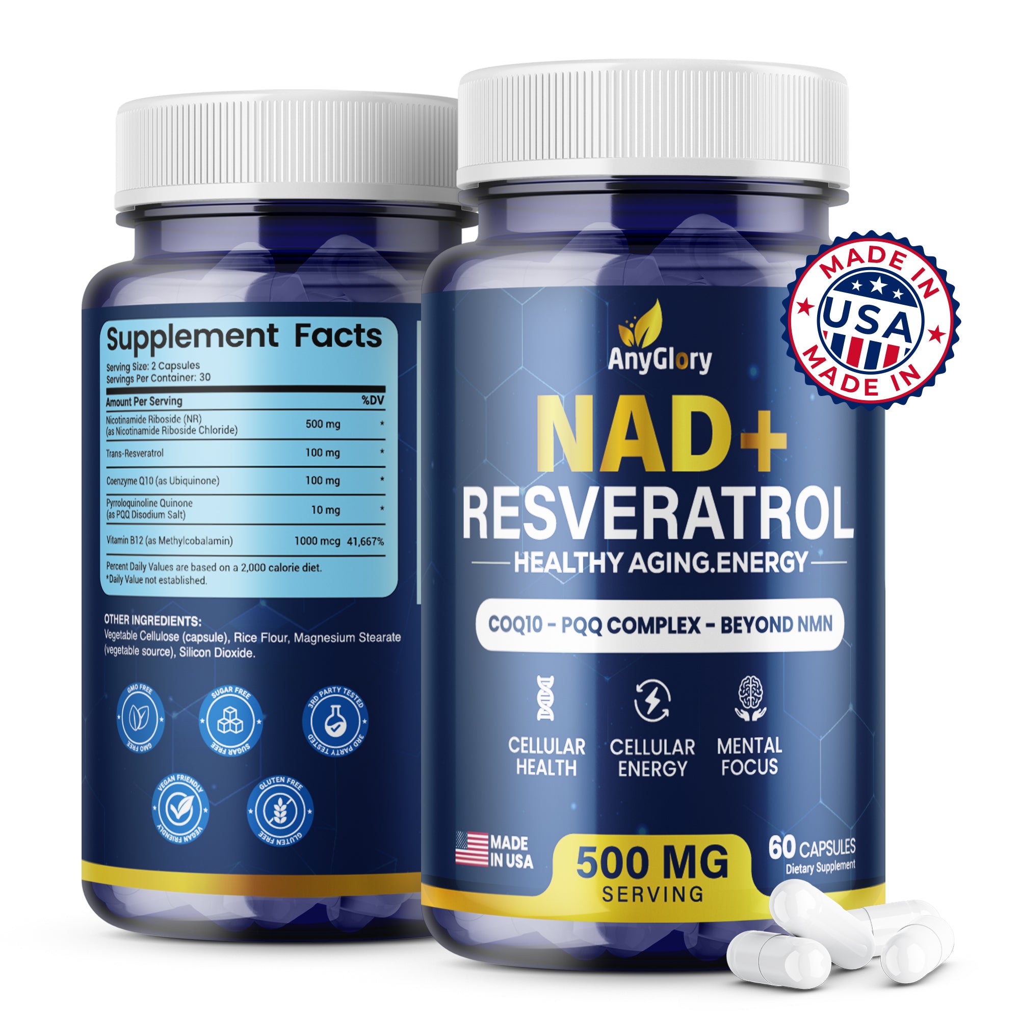 NAD+ Supplement with 500mg NR, Resveratrol, CoQ10, PQQ- 5-in-1 NAD Formula |NMN Supplement Alternative|NAD Resveratrol Support Cellular Energy & Healthy Aging-Made in USA-60 Capsules