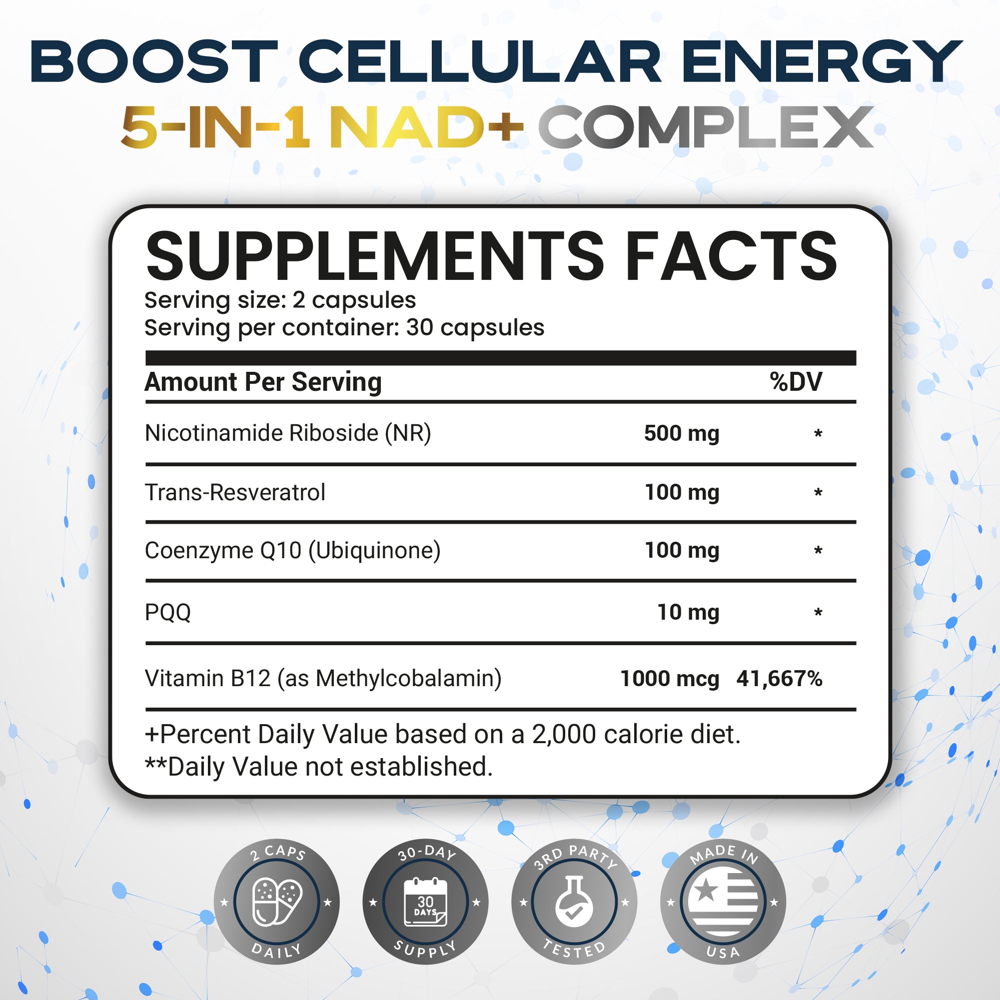 NAD+ Supplement with 500mg NR, Resveratrol, CoQ10, PQQ- 5-in-1 NAD Formula |NMN Supplement Alternative|NAD Resveratrol Support Cellular Energy & Healthy Aging-Made in USA-60 Capsules