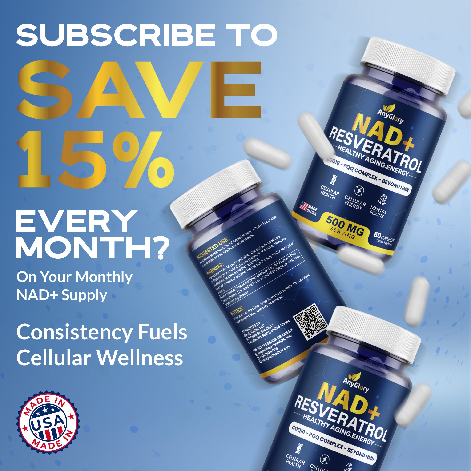 NAD+ Supplement with 500mg NR, Resveratrol, CoQ10, PQQ- 5-in-1 NAD Formula |NMN Supplement Alternative|NAD Resveratrol Support Cellular Energy & Healthy Aging-Made in USA-60 Capsules