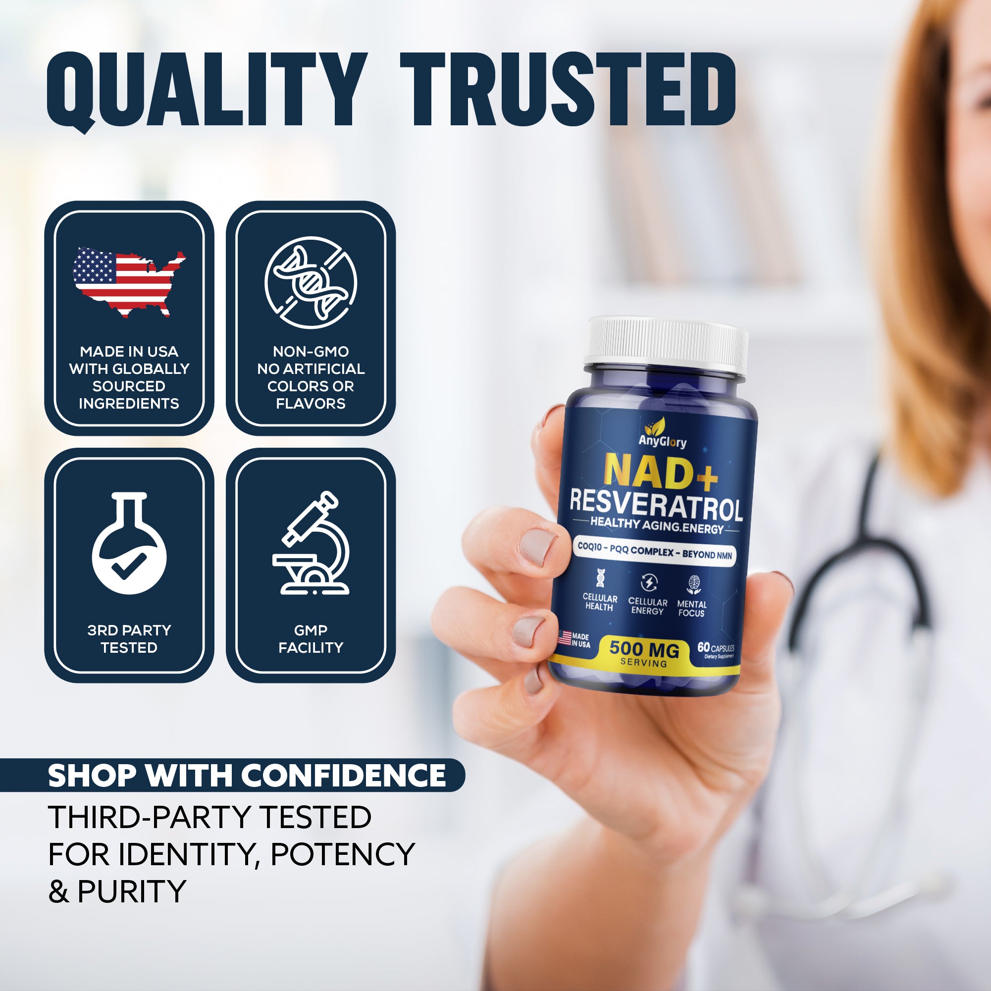 NAD+ Supplement with 500mg NR, Resveratrol, CoQ10, PQQ- 5-in-1 NAD Formula |NMN Supplement Alternative|NAD Resveratrol Support Cellular Energy & Healthy Aging-Made in USA-60 Capsules